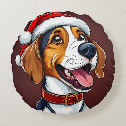 かわいいクリスマスの犬 ラウンドクッション (正面)