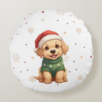 かわいいクリスマスの犬 - 祝祭的な子犬のクリスマス ラウンドクッション