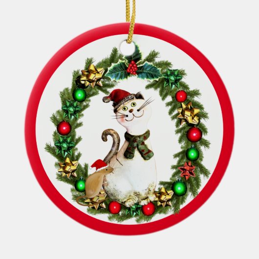 かわいいクリスマスの猫とネズミ セラミックオーナメント (正面)