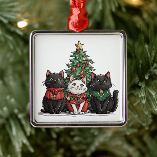 かわいいクリスマスの猫 メタルオーナメント (ツリー)