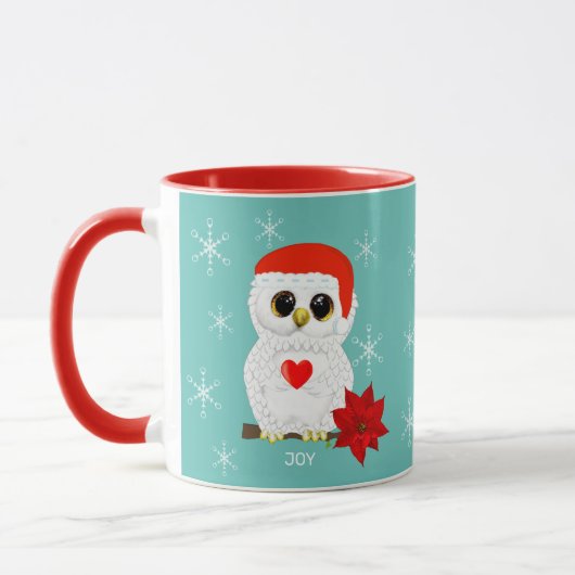 かわいいクリスマスの白フクロウと雪の結晶 マグカップ (左)