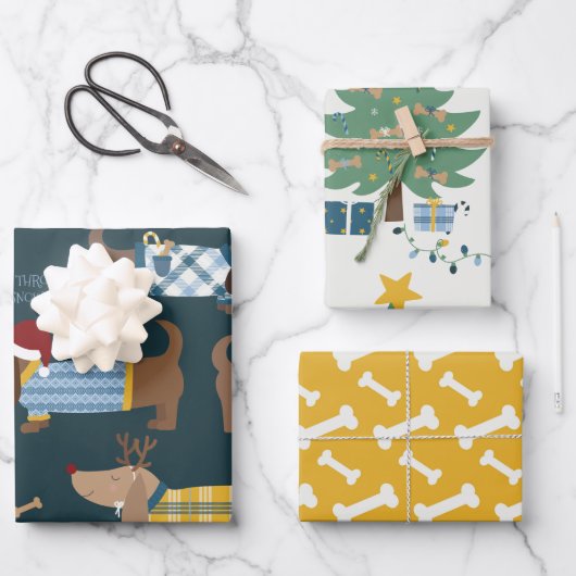 かわいいクリスマスの衣装ドッグとアヒルイラストレーション ラッピングペーパーシート (正面)