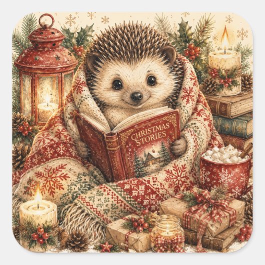 かわいいクリスマスの読み聞かせハリネズミの水彩画 スクエアシール (正面)