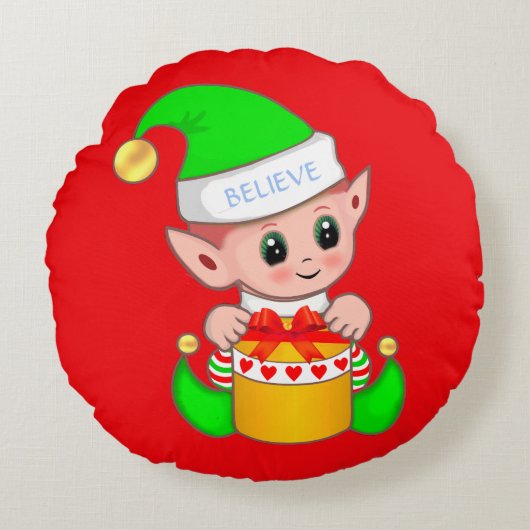 かわいいクリスマスの赤ちゃんエルフ（妖精） 赤 ラウンドクッション (正面)