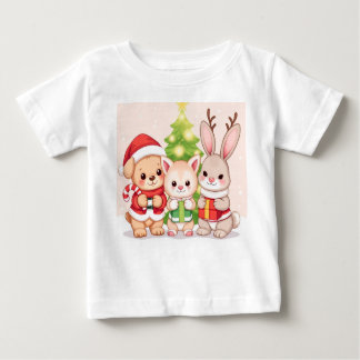 かわいいクリスマスの赤ちゃん動物 ベビーTシャツ