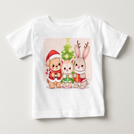 かわいいクリスマスの赤ちゃん動物 ベビーTシャツ (正面)