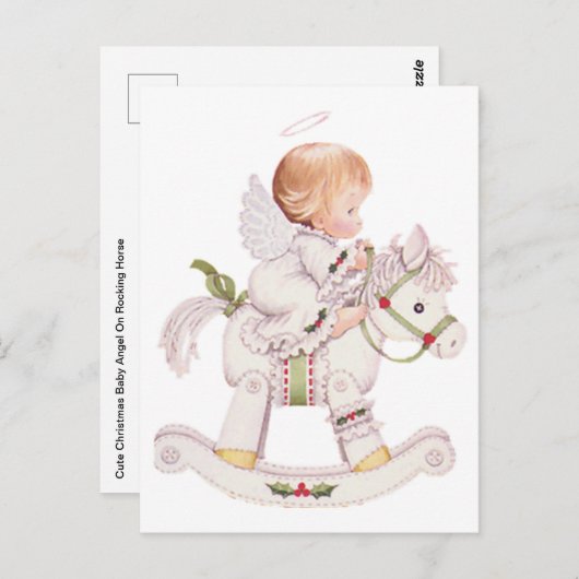かわいいクリスマスの赤ちゃん天使が揺れる馬に乗っている ポストカード (正面/裏面)