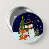 かわいいクリスマスの雪だるまおよびキツネおよび名前をカスタムする 缶バッジ (正面&裏面)
