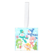 かわいいクリスマスの雪だるまファミリーが雪の中に キューブオーナメント (正面)