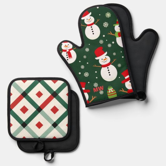 かわいいクリスマスの雪だるま 鍋つかみ&鍋敷きセット (正面/裏面)