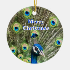 かわいいクリスマスの青い孔雀の鳥とカリグラフィー セラミックオーナメント