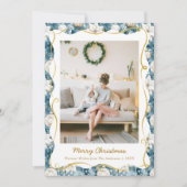 かわいいクリスマスの青と金の柄 1 枚の写真 シーズンカード (正面)