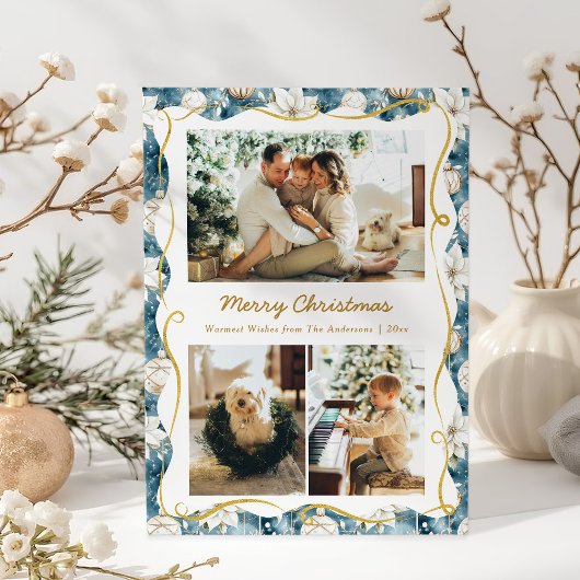 かわいいクリスマスの青と金の模様の写真3枚 シーズンカード