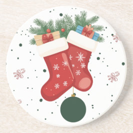かわいいクリスマスの靴下とプレゼントのホリデーデザイン コースター