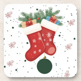 かわいいクリスマスの靴下とプレゼントのホリデーデザイン コースター