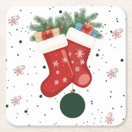 かわいいクリスマスの靴下とプレゼントのホリデーデザイン スクエアペーパーコースター