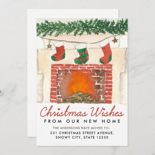 かわいいクリスマスの願い暖炉の休日の移動 案内状 (正面/裏面)