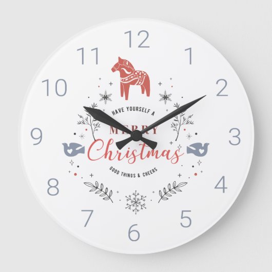 かわいいクリスマスの飾りタイポグラフィ&動物 ラージ壁時計 (正面)