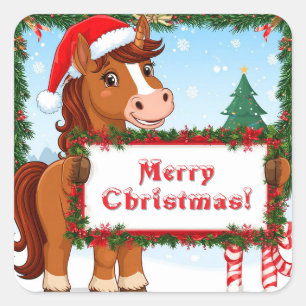かわいいクリスマスの馬 スクエアシール