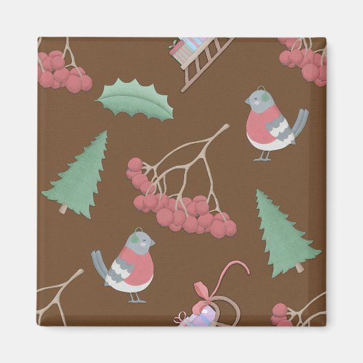 かわいいクリスマスの鳥とそり マグネット (正面)