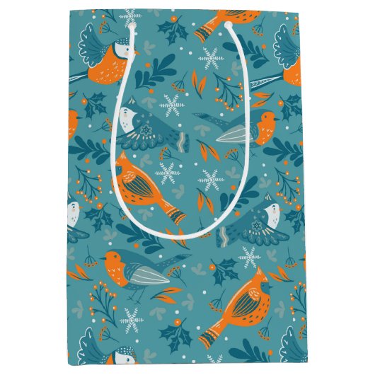 かわいいクリスマスの鳥と雪の結晶パターン ミディアムペーパーバッグ (正面)