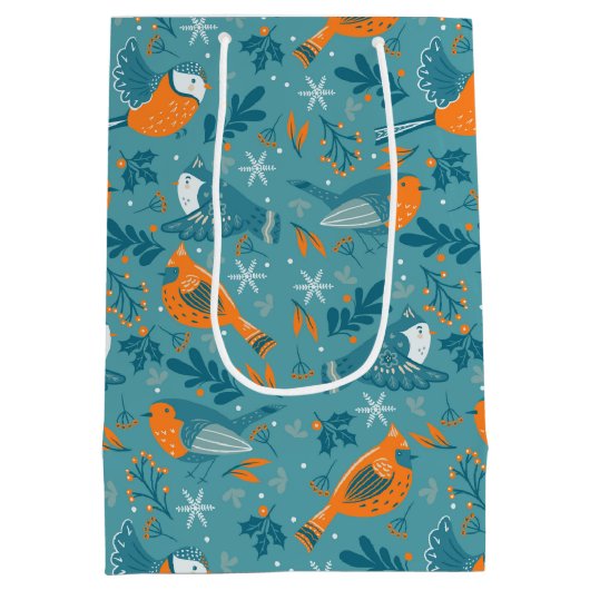 かわいいクリスマスの鳥と雪の結晶パターン ミディアムペーパーバッグ (裏面)