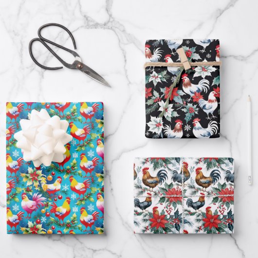 かわいいクリスマスの鶏 ラッピングペーパーシート (正面)