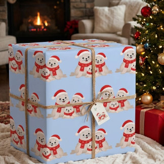 かわいいクリスマスアザラシ家族サンタ帽子と冬のマフラー ラッピングペーパー