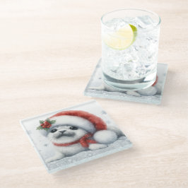 かわいいクリスマスアザラシ ガラスコースター
