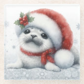 かわいいクリスマスアザラシ ガラスコースター (正面)