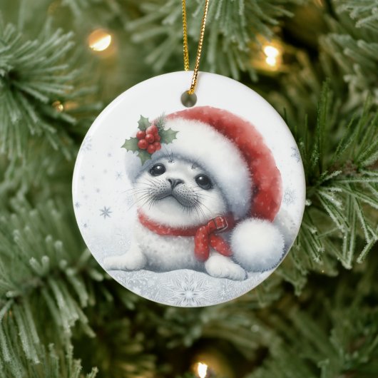 かわいいクリスマスアザラシ セラミックオーナメント (ツリー)