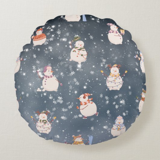 かわいいクリスマスアニメ雪だるま ラウンドクッション (正面)