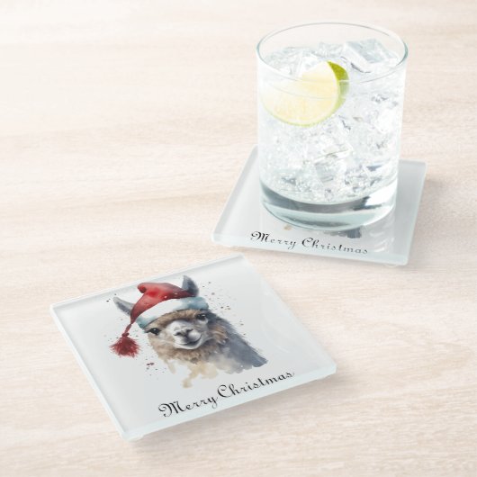 かわいいクリスマスアルパカカスタムー ガラスコースター (アングル)