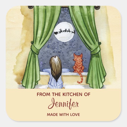 かわいいクリスマスイブシーンウォーターカラーキッチン スクエアシール (正面)