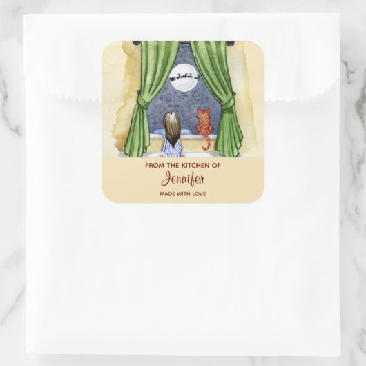 かわいいクリスマスイブシーンウォーターカラーキッチン スクエアシール (バッグ)