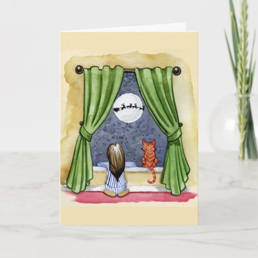 かわいいクリスマスイブチャイルド&キティ猫の水彩色 カード (正面)