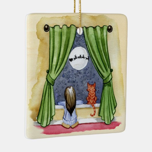 かわいいクリスマスイブチャイルド&キティ猫の水彩色 セラミックオーナメント (右)