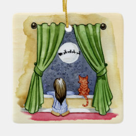 かわいいクリスマスイブチャイルド&キティ猫の水彩色 セラミックオーナメント