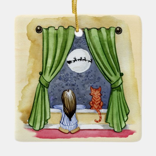 かわいいクリスマスイブチャイルド&キティ猫の水彩色 セラミックオーナメント (正面)