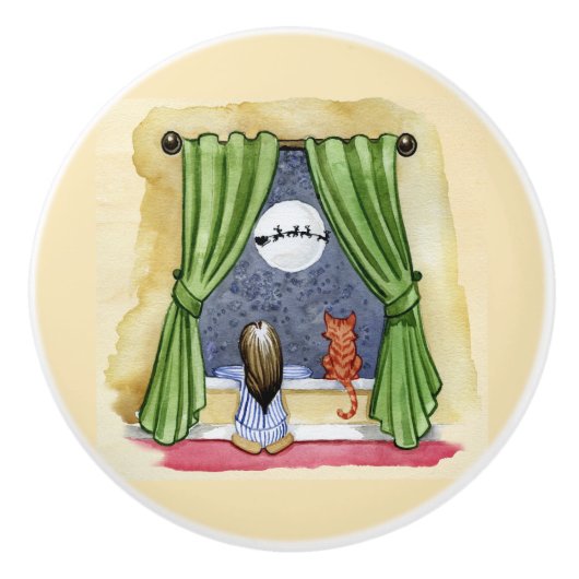 かわいいクリスマスイブチャイルド&キティ猫の水彩色 セラミックノブ (正面)