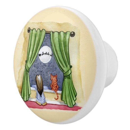 かわいいクリスマスイブチャイルド&キティ猫の水彩色 セラミックノブ (右)