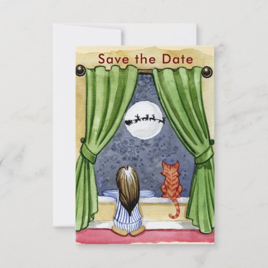 かわいいクリスマスイブチャイルド&キティ猫の水彩色 セーブザデート (正面)