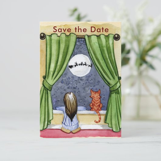 かわいいクリスマスイブチャイルド&キティ猫の水彩色 セーブザデート (スタンド正面)