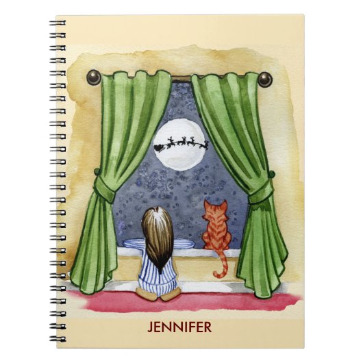 かわいいクリスマスイブチャイルド&キティ猫の水彩色 ノートブック (正面)
