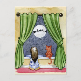 かわいいクリスマスイブチャイルド&キティ猫の水彩色 ポストカード