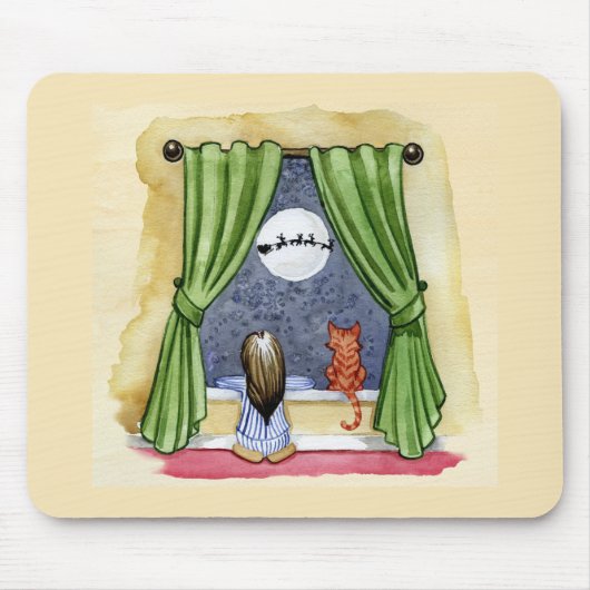 かわいいクリスマスイブチャイルド&キティ猫の水彩色 マウスパッド (正面)