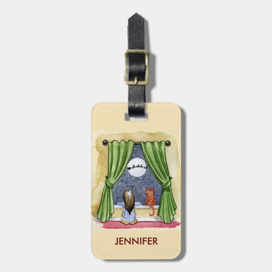 かわいいクリスマスイブチャイルド&キティ猫の水彩色 ラゲッジタグ (正面縦)
