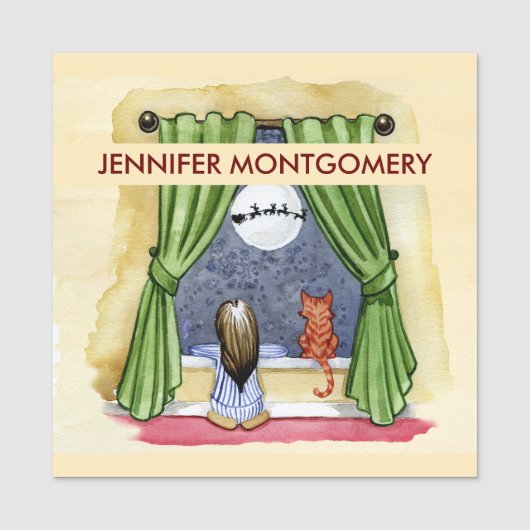 かわいいクリスマスイブチャイルド&キティ猫の水彩色 名札 (正面)