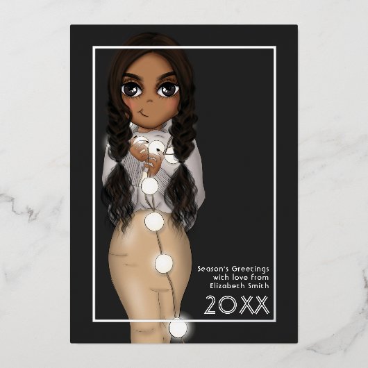 かわいいクリスマスイルミネーションのアフリカ系アメリカ人女性 箔シーズンカード (正面)