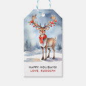かわいいクリスマスウィンタールドルフのトナカイの水色 ギフトタグ (正面)